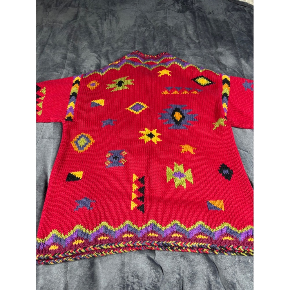 Coldwater Creek Red Southwestern Geometric Knit Cardigan Braided Trim Large - Picture 8 of 9